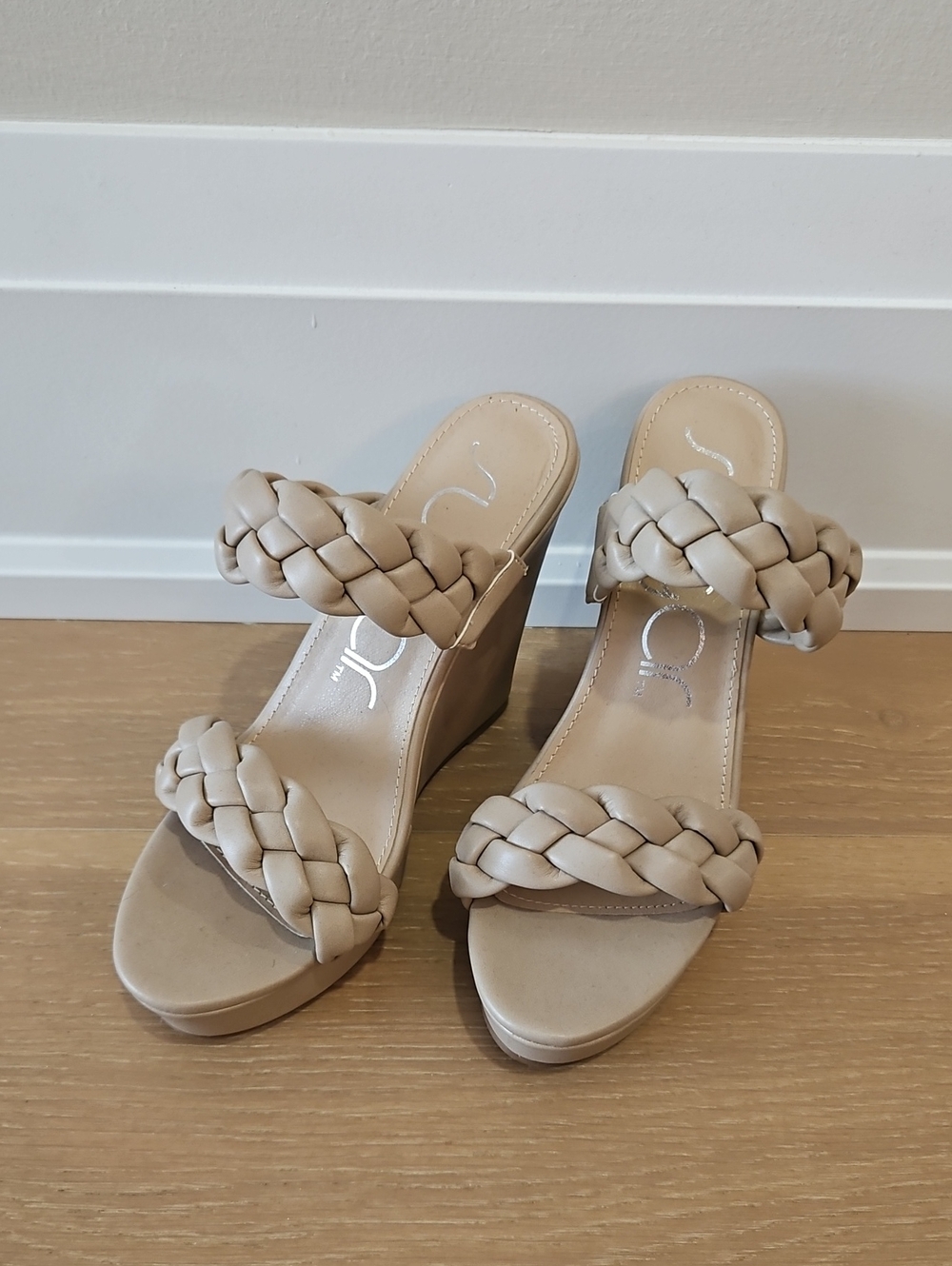 Sugar "Harlyn" Braided Double-Strap Wedge Sandals - Tan